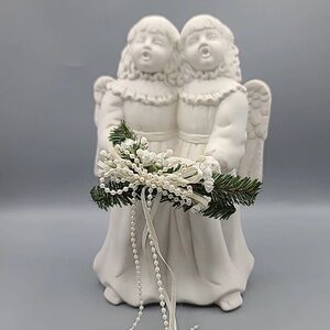 Vintage 1997 Twin Angel Porcelain Figurine White Christmas Décor Candle Holder